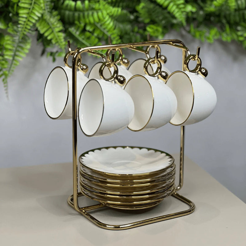 Jogo de Xícaras e Pires Para Café Porcelana Branco e Dourado Linha Egg 6 Peças